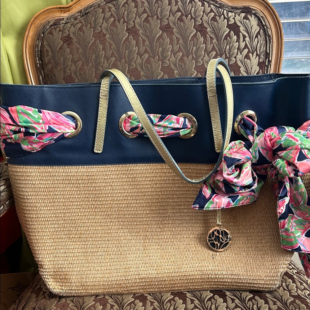 Lilly Pulitzer Stylish Navy and Tan Tote Bag with Floral Accents